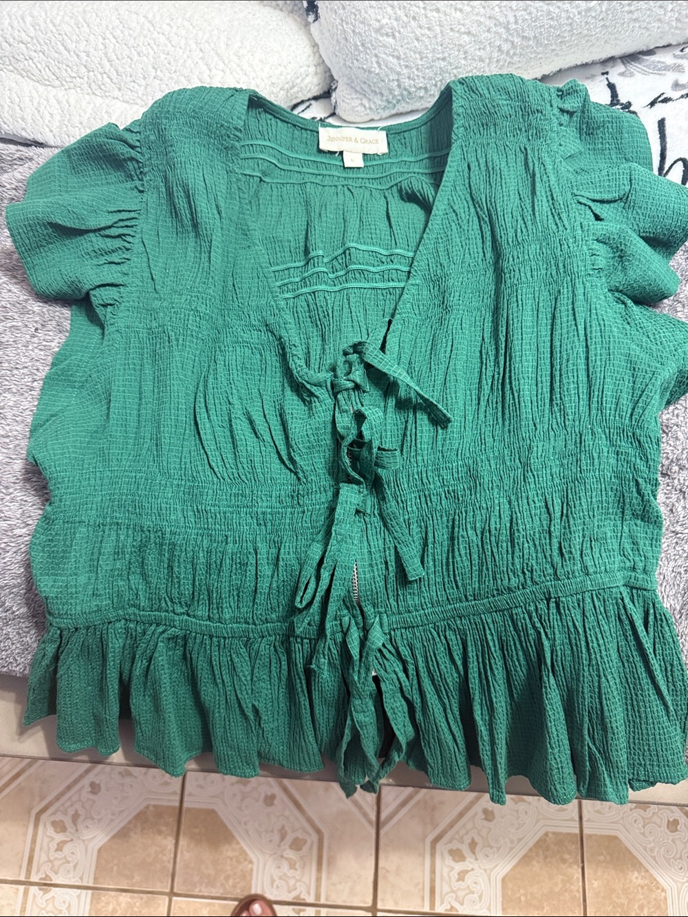 Joie Emerald Green Crinkled Ruffle Tie-Front Top